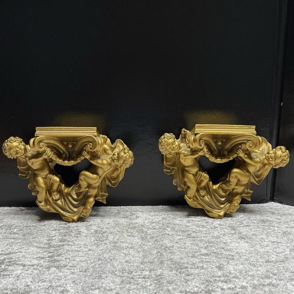 Vintage Cherub Angel Ornate Wall Gold Sconce Shelf Pair (2) - Picture 1 of 7